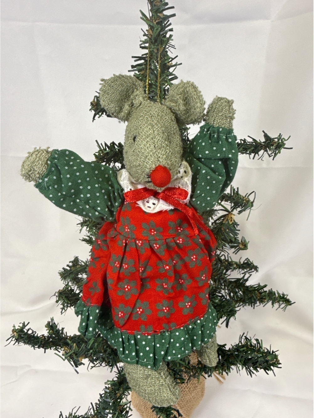 Vintage Handmade Holiday Mouse Ornament in Red and Green Dress